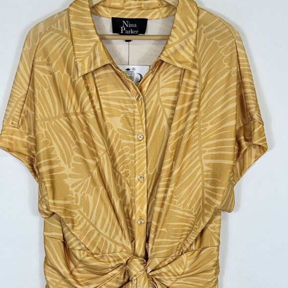 Nina Parker Golden Palm Tie Front Ruched Shirt Dress Women's Size 3X NEW NWT‎ - Picture 3 of 8